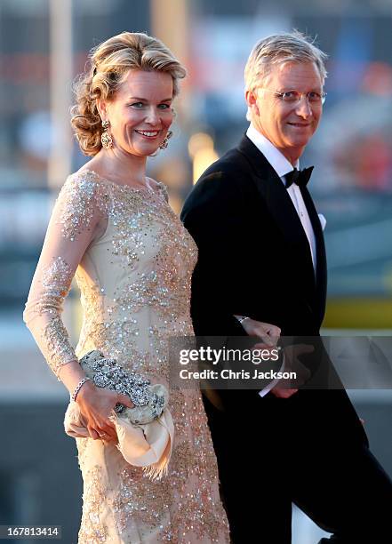 Crown Princess Mathilde and Crown Prince Phillipe of Belgium arrive at the Muziekbouw following the water pageant after the abdication of Queen...