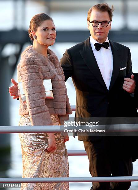 Crown Princess Victoria and Crown Prince Daniel of Sweden arrive at the Muziekbouw following the water pageant after the abdication of Queen Beatrix...