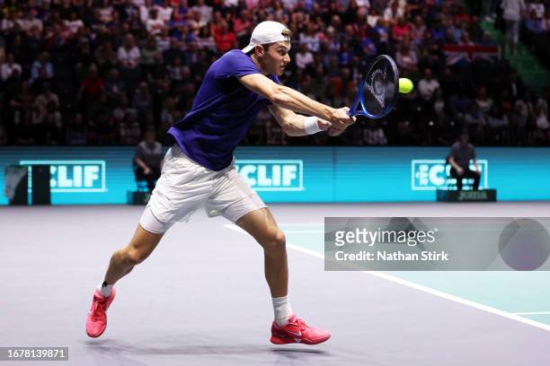 Jack Draper of Great Britain plays a backhand in the Australia v Great Britain Match 1 against Thanasi Kokkinakis of Australia during day two of the...