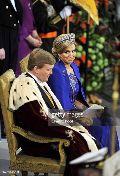 King Willem-Alexander and Queen Maxima during the inauguration ceremony for King Willem-Alexander of the Netherlands at Nieuwe Kerk on April 30, 2013...
