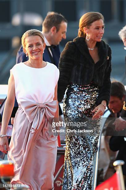 Princess Mabel of Orange-Nassau and Marie-Helene Angela van den Broek arrive at the Muziekbouw following the water pageant after the abdication of...