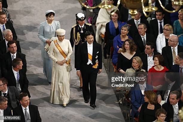 Crown Prince Naruhito and Crown Princess Masako enter the church to attend the inauguration of HM King Willem-Alexander of the Netherlands and HM...