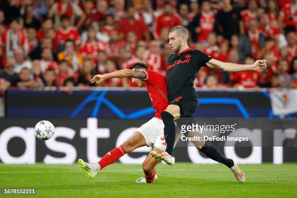 Peter Musa of SL Benfica, Strahinja Pavlovic of FC Salzburg battle for the ball during the UEFA Champions League match between SL Benfica and FC...