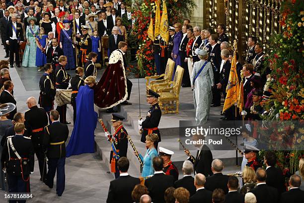 General view as King Willem Alexander of the Netherlands and Queen Maxima of the Netherlands arrive to attend the inauguration of King...