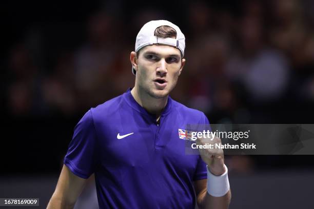 Jack Draper of Great Britain reacts in the Australia v Great Britain Match 1 against Thanasi Kokkinakis of Australia during day two of the Davis Cup...