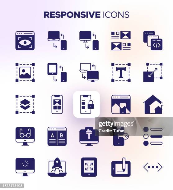 responsive icon set - mobile-friendly, adaptive design, cross-platform, flexible layout, device compatibility - hands using desktop computer stock illustrations