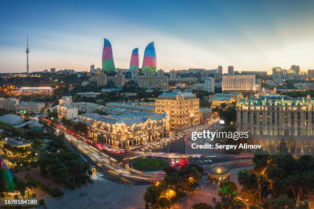 beautiful long exposure cityscape of baku at sunset - baku city stock pictures, royalty-free photos & images