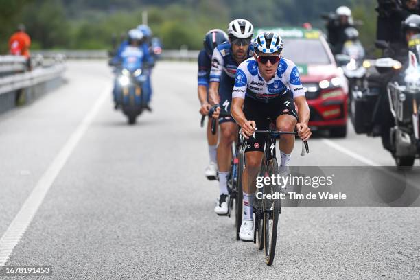 Remco Evenepoel of Belgium and Team Soudal - Quick Step - Polka Dot Mountain Jersey competes in the breakaway during the 78th Tour of Spain 2023,...