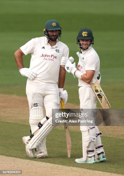 Joe Clarke and Brett Hutton of Kent in conversation during the LV= Insurance County Championship Division 1 match between Kent and Nottinghamshire at...