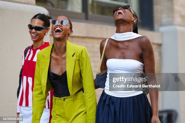 Models are seen posing, outside Brandon Maxwell, during New York Fashion Week, on September 12, 2023 in New York City.