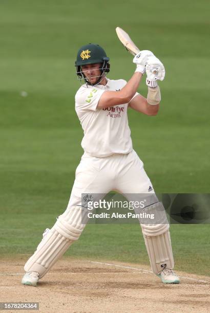 Joe Clarke of Nottinghamshire plays a shot during the LV= Insurance County Championship Division 1 match between Kent and Nottinghamshire at The...