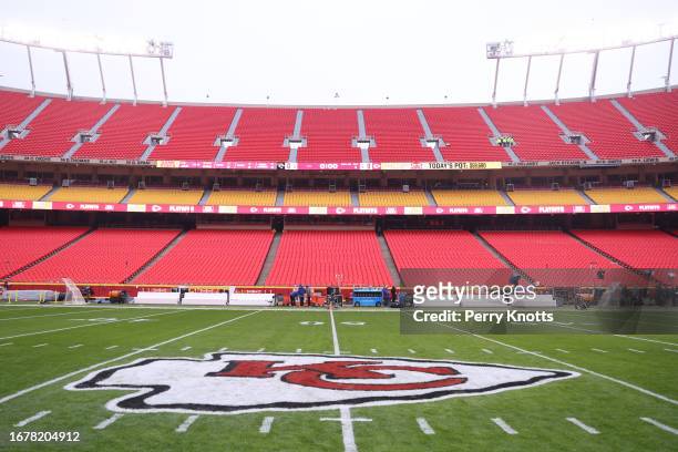 General interior view of the Kansas City Chiefs logo painted on the field prior to an AFC Divisional Round playoff game between the Kansas City...