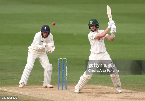 Joe Clarke of Nottinghamshire plays a shot during the LV= Insurance County Championship Division 1 match between Kent and Nottinghamshire at The...