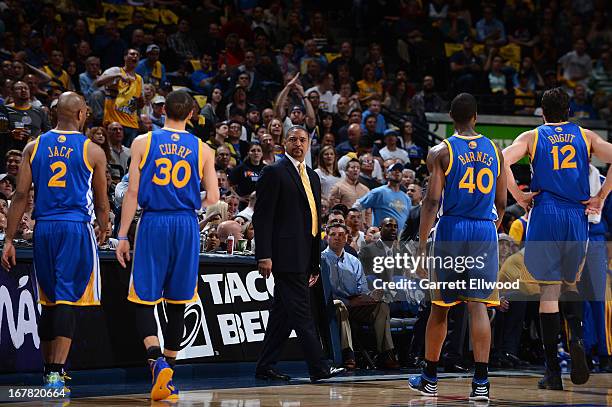 Mark Jackson, Head Coach of the Golden State Warriors, calls a timeout in Game Five of the Western Conference Quarterfinals against the Denver...