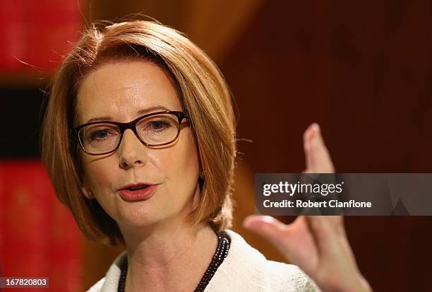 Australian Prime Minister Julia Gillard talks to the media at a press conference at the Commonwealth Parliamentary Office on May 1, 2013 in...