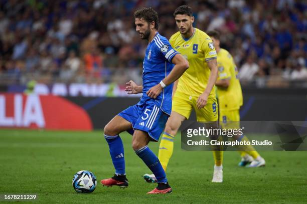 Manuel Locatelli of Italy in action during the UEFA EURO 2024 European qualifier match between Italy and Ukraine at Stadio San Siro on September 12,...