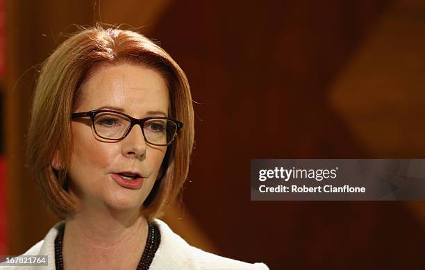 Australian Prime Minister Julia Gillard talks to the media at a press conference at the Commonwealth Parliamentary Office on May 1, 2013 in...