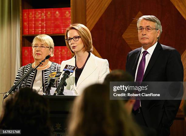 Australian Prime Minister Julia Gillard talks to the media at a press conference at the Commonwealth Parliamentary Office on May 1, 2013 in...