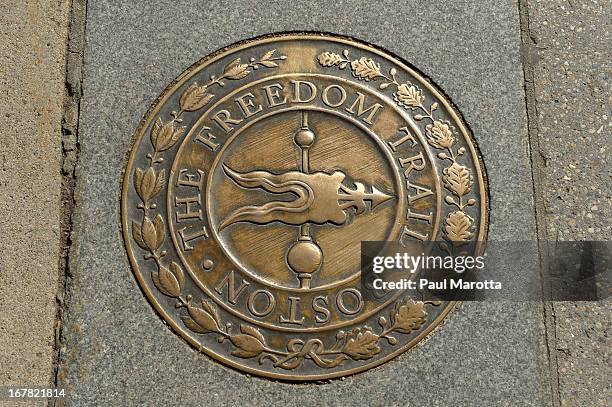 General view of the brass Boston Freedom Trail marker on April 30, 2013 in Boston.