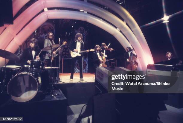 British band Electric Light Orchestra on BBC TV show 'Top Of The Pops', London, UK, 14th February 1973. L-R Bev Bevan, Mike de Albuquerque, Jeff...