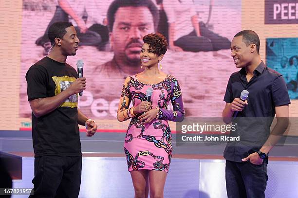 Shorty Da Prince, Miss Mykie and Tyler James Williams visit BET's "106 & Park" at BET Studios on April 29, 2013 in New York City.