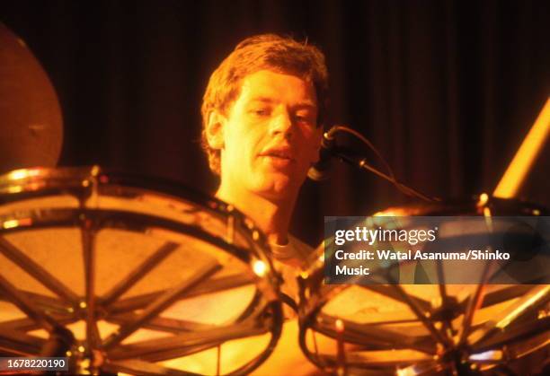 British drummer Bill Bruford performs with his band Bruford, playing a drum kit featuring Rototoms, at the Venue, London, UK, 8th May 1979.