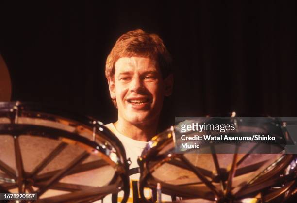 British drummer Bill Bruford performs with his band Bruford, playing a drum kit featuring Rototoms, at the Venue, London, UK, 8th May 1979.