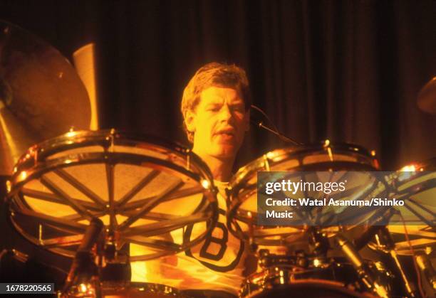 British drummer Bill Bruford performs with his band Bruford, playing a drum kit featuring Rototoms, at the Venue, London, UK, 8th May 1979.