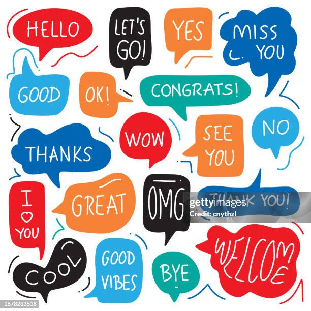 trendy colorful hand drawn set of speech bubbles with handwritten short phrases. communication concept. hello, yes, no, welcome, bye, thank you, congrats, cool, good. - no stock illustrations