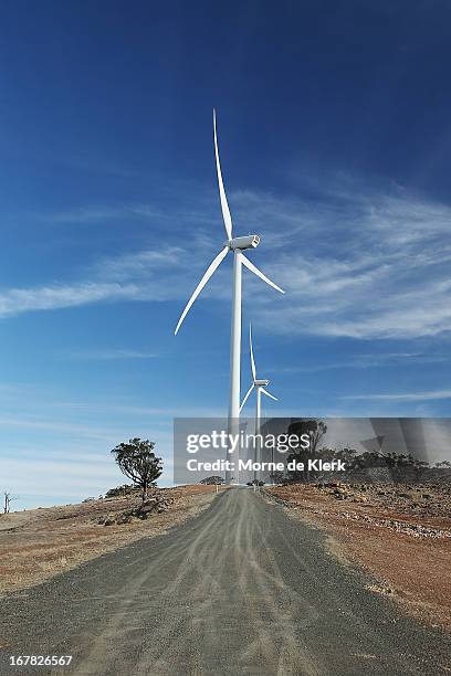 Wind turbines are seen on a hill on April 18, 2013 in Waterloo, Australia. South Australia's Environmental Protection Agency in conjunction with the...