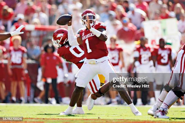 Jefferson of the Arkansas Razorbacks throws a pass during the game against the Kent State Golden Flashes at Donald W. Reynolds Razorback Stadium on...