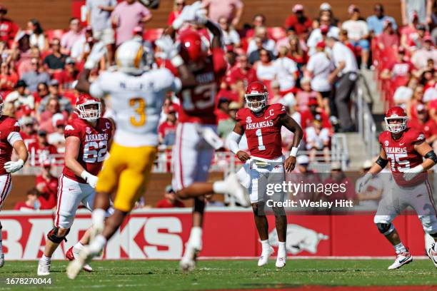 Jefferson of the Arkansas Razorbacks watches his pass attempt during the game against the Kent State Golden Flashes at Donald W. Reynolds Razorback...