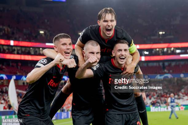 Amar Dedic of FC Salzburg, Aleksa Terzic of FC Salzburg, Petar Ratkov of FC Salzburg, Strahinja Pavlovic of FC Salzburg celebrating the victory...