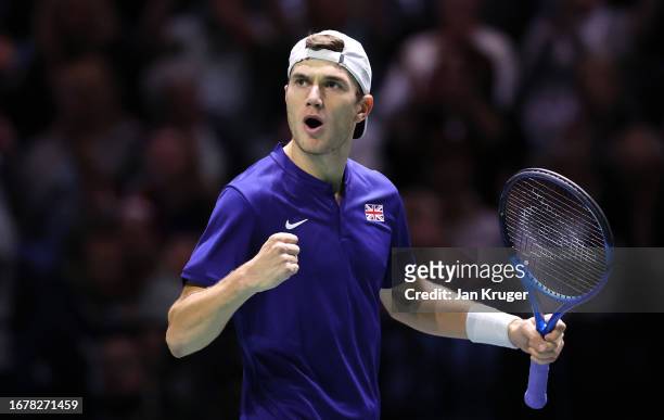 Jack Draper of Great Britain celebrates taking the second set against Thanasi Kokkinakis of Australia during day two of the 2023 Davis Cup finals...