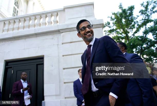 Sundar Pichai, CEO of Google, arrives for the “AI Insight Forum” at the Russell Senate Office Building on Capitol Hill on September 13, 2023 in...