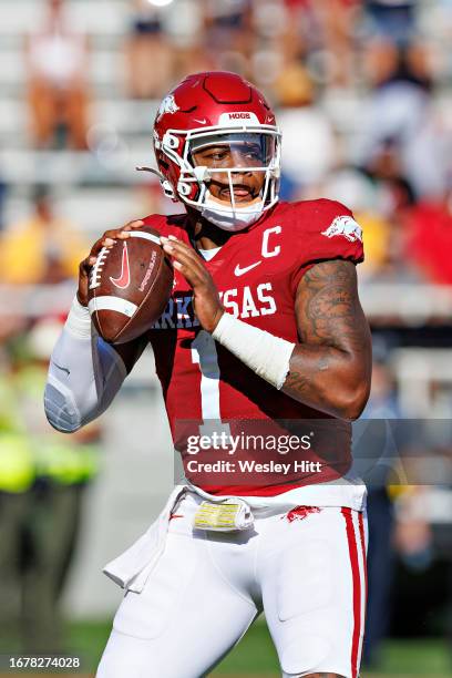 Jefferson of the Arkansas Razorbacks throws a pass during the game against the Kent State Golden Flashes at Donald W. Reynolds Razorback Stadium on...