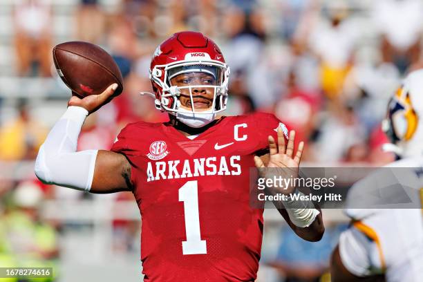 Jefferson of the Arkansas Razorbacks throws a pass during the game against the Kent State Golden Flashes at Donald W. Reynolds Razorback Stadium on...
