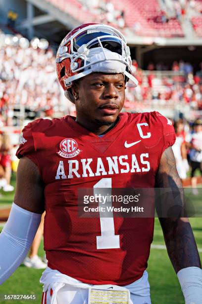 Jefferson of the Arkansas Razorbacks walks off the field after the game against the Kent State Golden Flashes at Donald W. Reynolds Razorback Stadium...