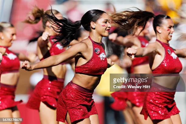 Pom Squad of the Arkansas Razorbacks performs during the game against the Kent State Golden Flashes at Donald W. Reynolds Razorback Stadium on...
