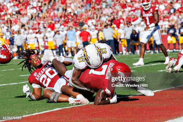 Rashod Dubinion of the Arkansas Razorbacks runs the ball for a touchdown during the game against the Kent State Golden Flashes at Donald W. Reynolds...