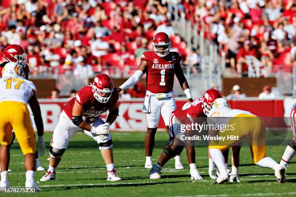 Jefferson of the Arkansas Razorbacks at the line of scrimmage during the game against the Kent State Golden Flashes at Donald W. Reynolds Razorback...