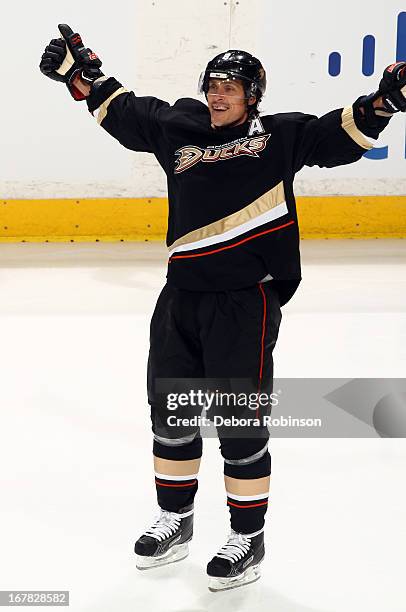 Teemu Selanne of the Anaheim Ducks celebrates after scoring a goal against the Detroit Red Wings in Game One of the Western Conference Quarterfinals...