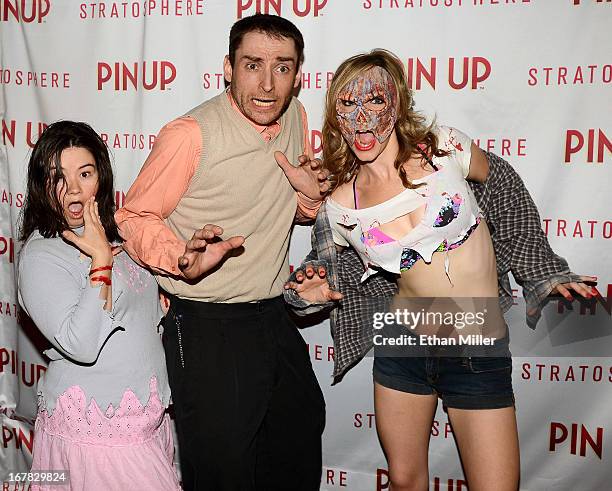 Entertainers Lorie Palkow, Matthew Antonizick and Courtney Leone from the show "Evil Dead: The Musical" arrive at the premiere of the show "Pin Up"...