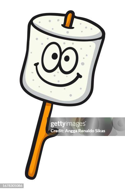 cartoon funny marshmallow on stick isolated on white - marshmallow stock illustrations