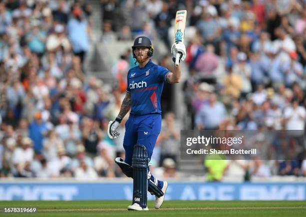 Ben Stokes of England reaches his 150 during the 3rd Metro Bank ODI between England and New Zealand at The Kia Oval on September 13, 2023 in London,...