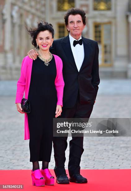 Monique Buczynski and Jack Lang arrive ahead of a state dinner at the Palace of Versailles on September 20, 2023 in Versailles, France. The King and...