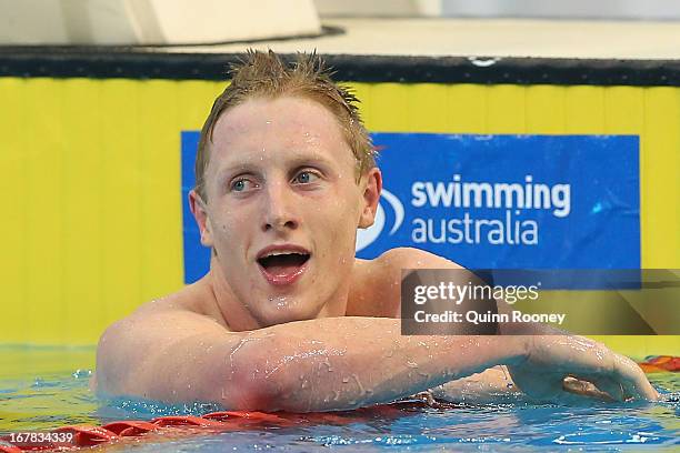 Matson Lawson of Australia catches his breath after winning the Men's 200 Metre Backstroke during day six of the Australian Swimming Championships at...