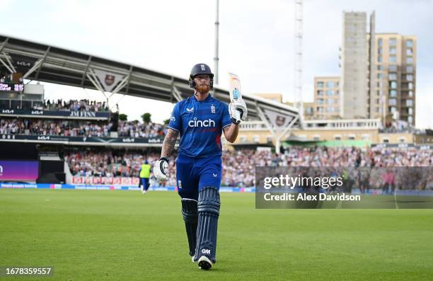 Ben Stokes of England walks off after being dismissed for 182, which is the highest ever individual ODI score for a England Men's player during the...