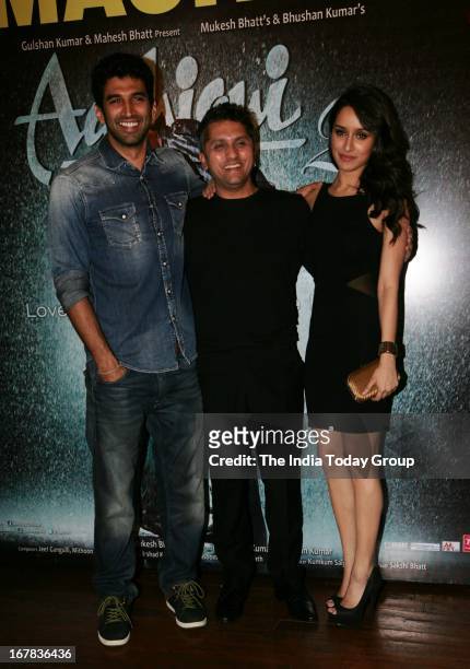 Aditya Roy Kapur, Shraddha Kapoor and Mohit Suri at the success party of Aashiqui 2 on 30th April 2013 in Mumbai.