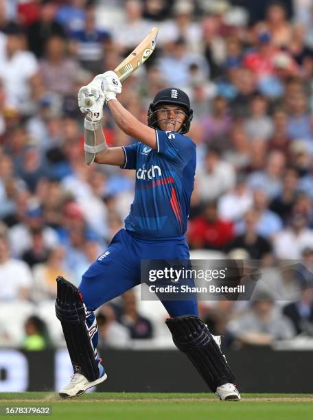 Sam Curra of England plays a shot during the 3rd Metro Bank ODI between England and New Zealand at The Kia Oval on September 13, 2023 in London,...